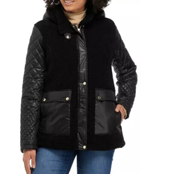 NWT VIA SPIGA Women's Faux Sherpa and Quilt Mix Media Coat - Picture 1 of 6